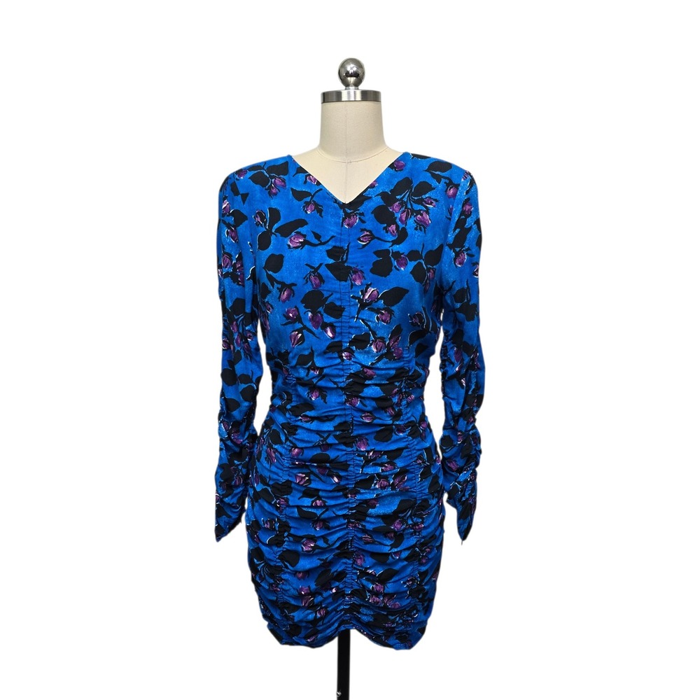 Zara Womens Blue Floral Ruched V-Neck Long Sleeve Mini Dress NWT Size M 8334/415